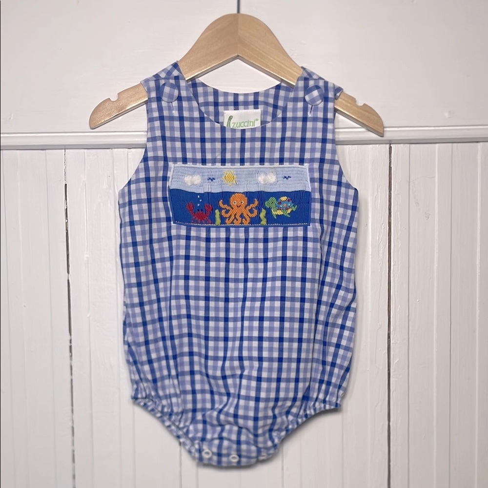 ZUCCINI EUC Boys Smocked Ocean Theme Blue Checkered Bubble